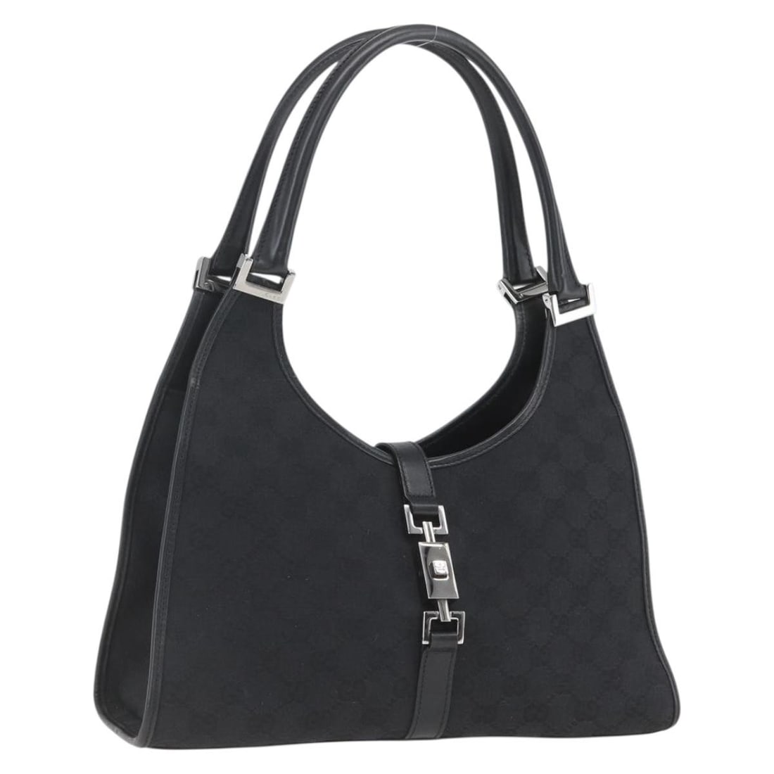 Black GG Canvas Jackie Shoulder Bag by Gucci with Silver Accents: Black GG Canvas Jackie Shoulder Bag by Gucci with Silver Accents This GUCCI GG Canvas Jackie shoulder bag features a black and silver color scheme, crafted from signature GG canvas. The bag offers a s