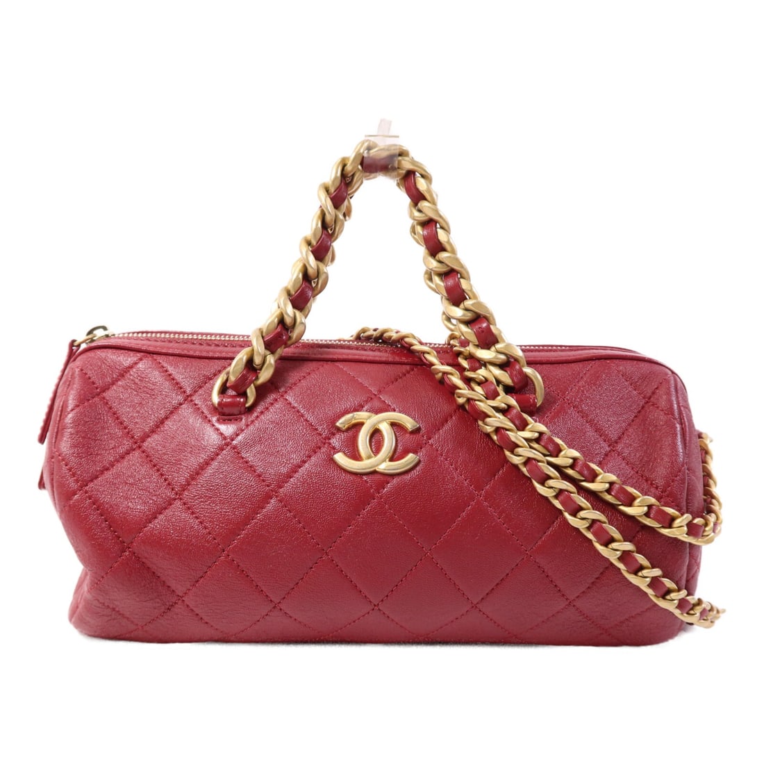Red Calfskin CHANEL Bowling Bag with Gold Hardware 2 Way Shoulder Style (1 of 15)