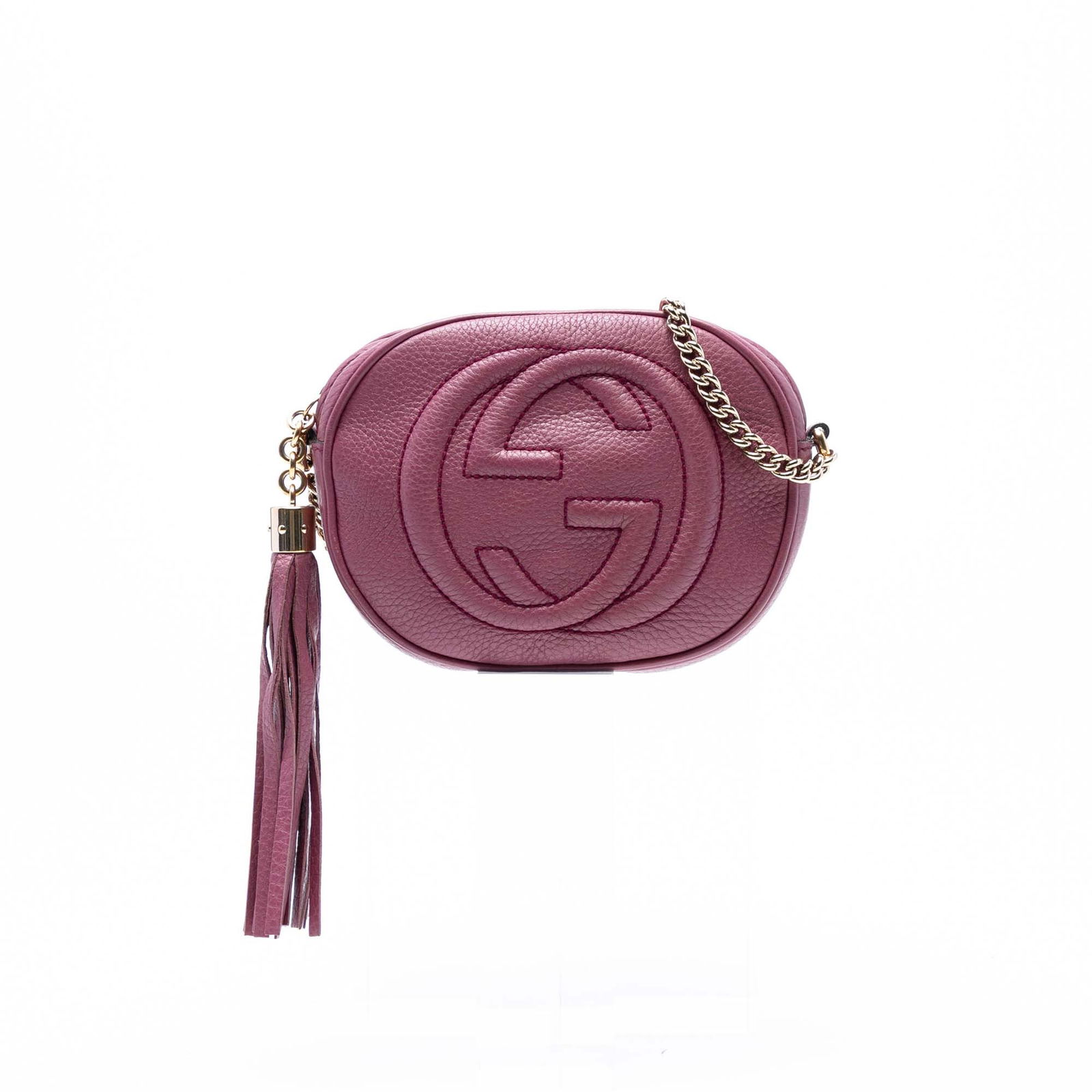 Gucci Mini Soho Chain Crossbody Pink Leather Bag: Gucci Mini Soho Chain Crossbody Pink Leather Bag This Gucci Mini Pebbled Calfskin Soho Chain Crossbody bag combines luxury with practicality. It features a stylish leather body adorned with a chic tas