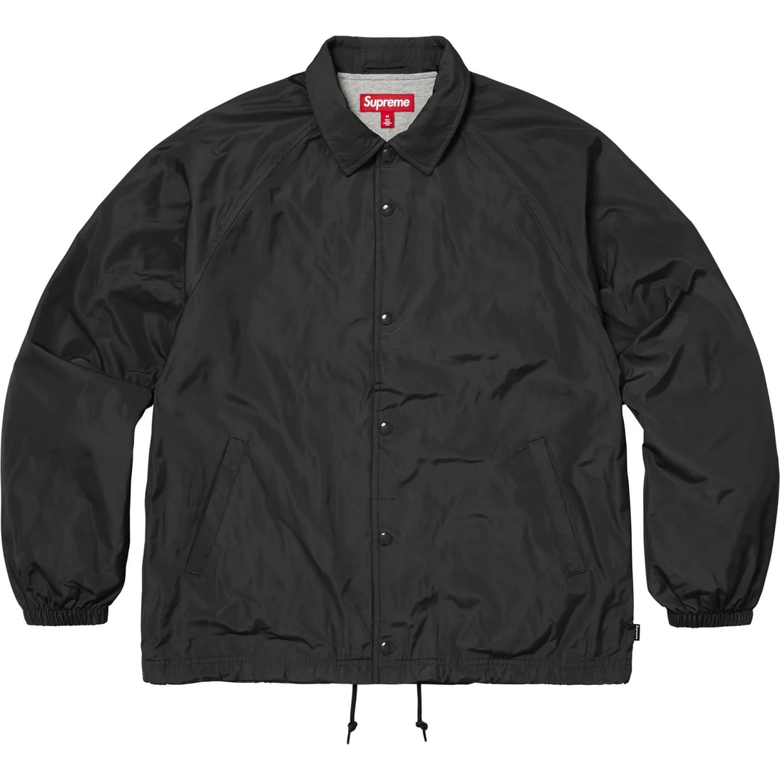 Black Nylon Coaches Jacket with Old English Arc by Supreme: Black Nylon Coaches Jacket with Old English Arc by Supreme The Supreme Old English Arc Black Coaches Jacket is crafted from lightweight nylon with a water-resistant finish. It features the bold "Supre