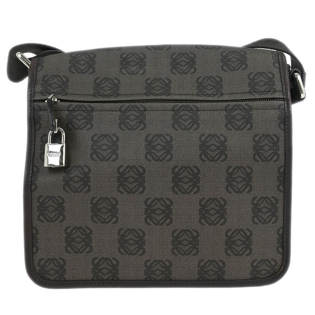 Loewe Brown PVC Flap Messenger Shoulder Bag from Spain: Loewe Brown PVC Flap Messenger Shoulder Bag from Spain This Loewe Flap Messenger Bag is crafted from durable PVC in a brown color and features a flap closure design. Designed for women, it offers a sp