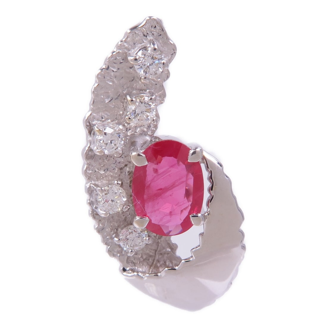 JEWELRY Ruby Diamond Pendant in 18K White Gold: JEWELRY Ruby Diamond Pendant in 18K White Gold This exquisite pendant top is crafted in 18K white gold, featuring a stunning red ruby as the centerpiece. The pendant showcases a brilliant design that