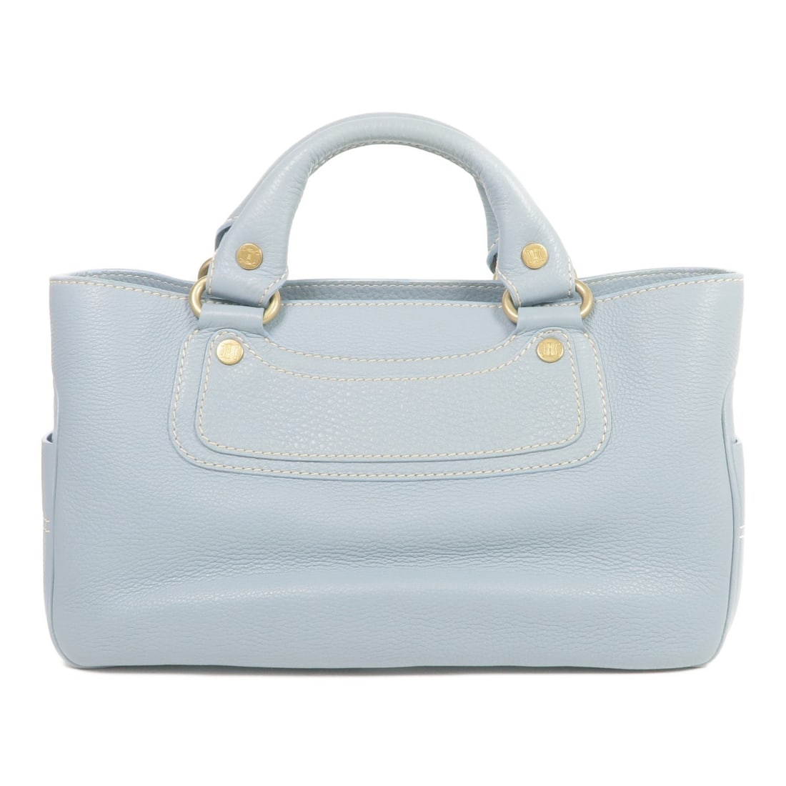 CELINE Light Blue Handbag Calfskin Leather GHW France: CELINE Light Blue Handbag Calfskin Leather GHW France This elegant CELINE handbag is crafted from luxurious calfskin leather in a stunning light blue hue. The bag features a spacious interior, making