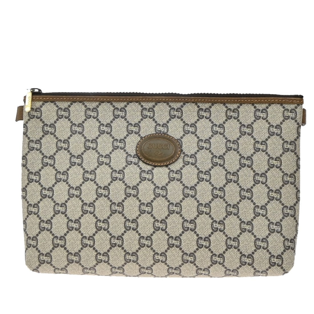 Brown Gucci GG Plus Supreme Canvas Pouch 26cm by 17cm by 7cm: Brown Gucci GG Plus Supreme Canvas Pouch 26cm by 17cm by 7cm This Gucci GG Plus Supreme Pouch is crafted from brown PVC with gold-plated accents. Designed for women, it features a compact size suitabl