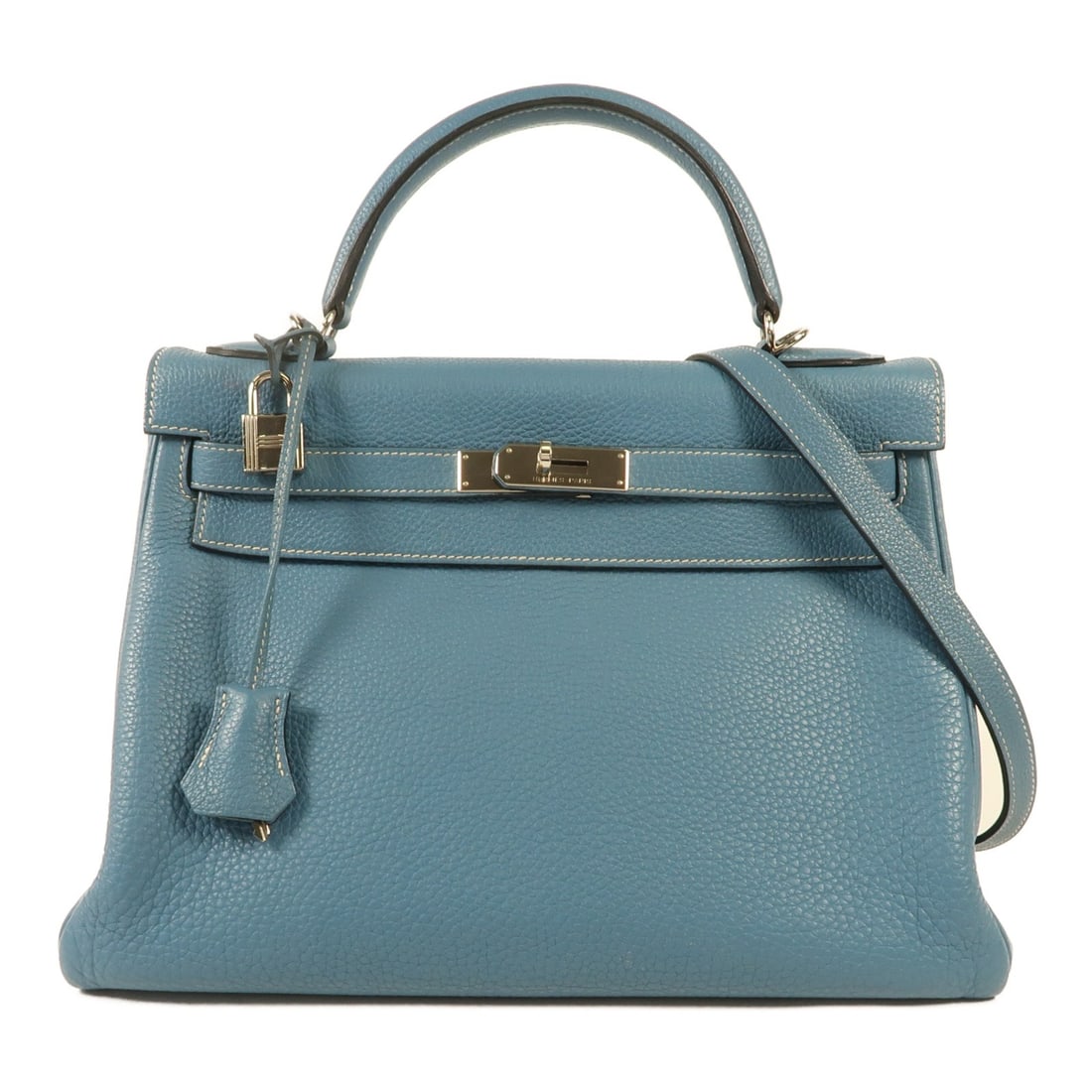 HERMES Kelly 32 Blue Jean Togo Leather 2 Way Shoulder Bag: HERMES Kelly 32 Blue Jean Togo Leather 2 Way Shoulder Bag Introducing the HERMES Kelly 32 2 Way Bag, a luxurious accessory crafted from premium Togo leather. This stunning shoulder bag features a soph