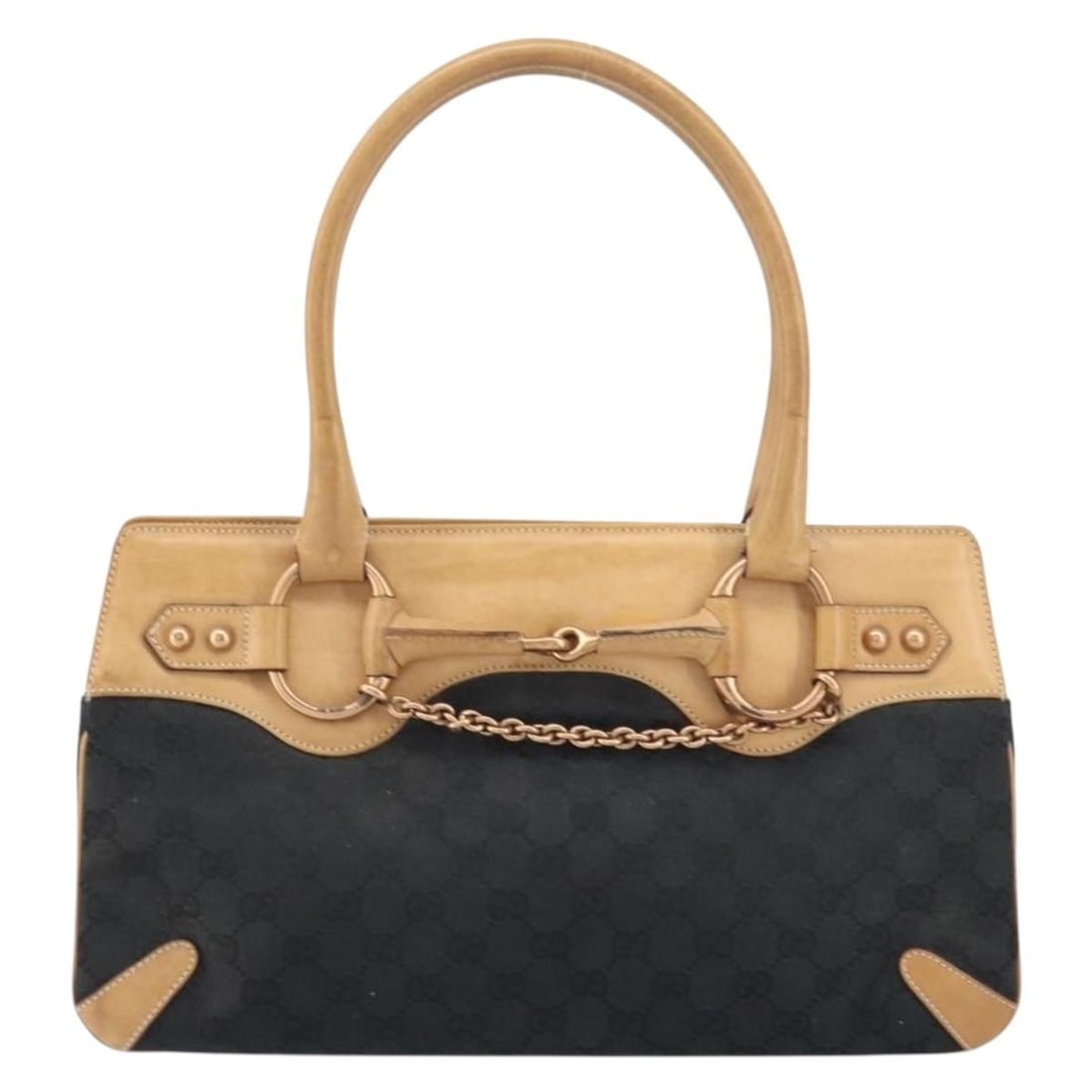 Black GG Canvas Horsebit Bracket Tote Bag by Gucci: Black GG Canvas Horsebit Bracket Tote Bag by Gucci This Gucci Horsebit Bracket Tote features GG canvas in black, designed for women. Crafted in Italy, the tote is accented with signature horsebit deta