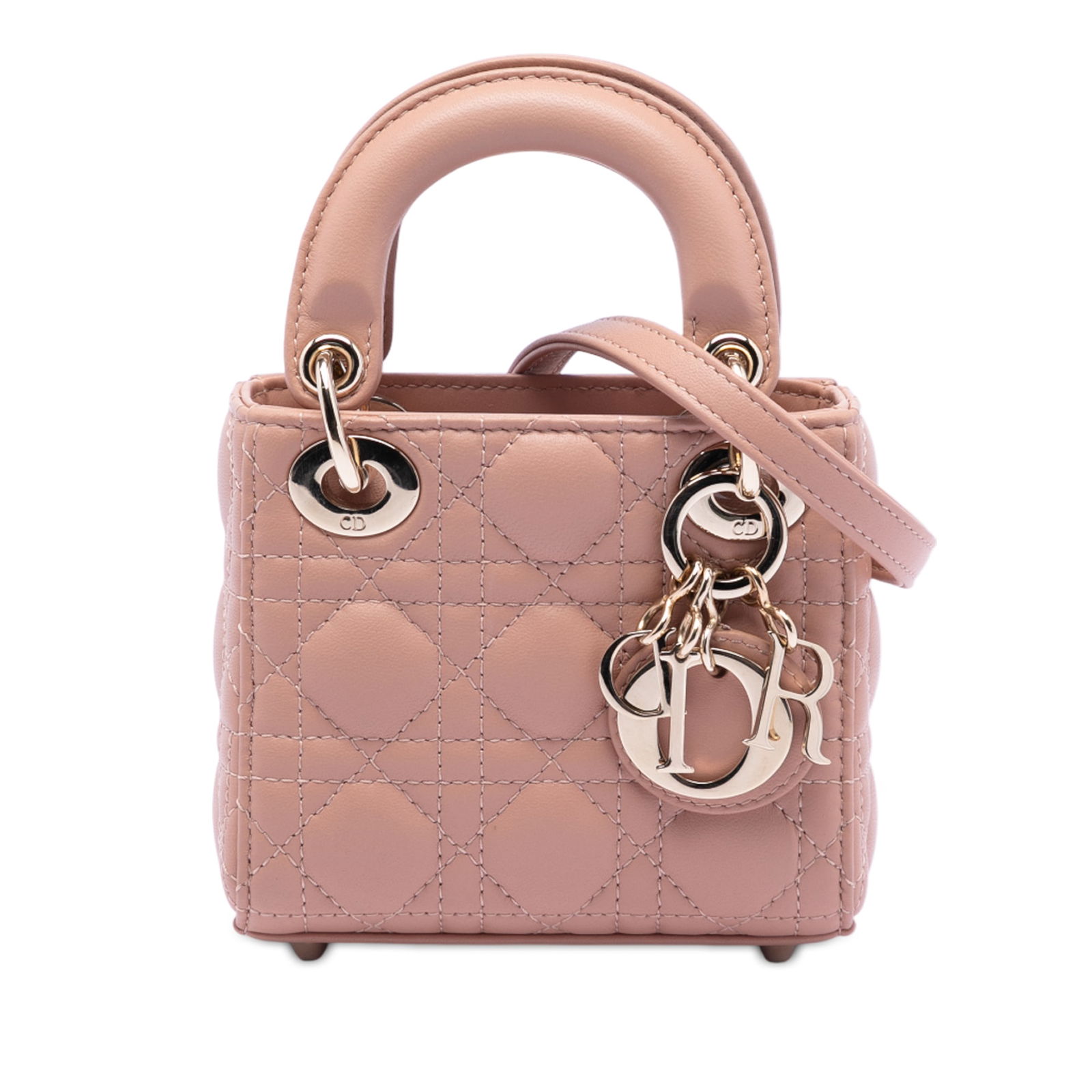 Dior Lady Dior Micro Bag in Quilted Cannage Lambskin with Strap: Dior Lady Dior Micro Bag in Quilted Cannage Lambskin with Strap This Micro Lady Dior bag features a quilted lambskin leather body in brown, flat leather top handles, a detachable flat leather shoulder