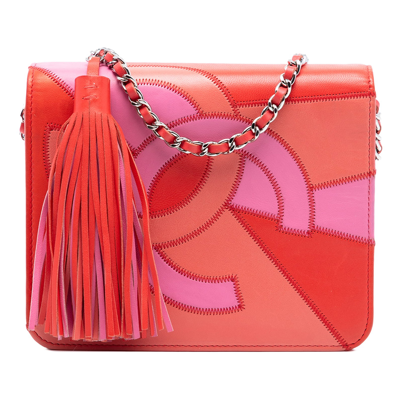 Chanel Patchwork Lambskin Chain Wallet with Tassel Accent: Chanel Patchwork Lambskin Chain Wallet with Tassel Accent This Chanel CC Lambskin Patchwork Wallet On Chain features a lambskin leather body with a patchwork design, a leather-woven chain strap with a