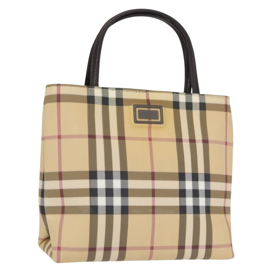 Beige Silver PVC Nova Check Handbag by Burberry: Beige Silver PVC Nova Check Handbag by Burberry This Burberry Nova Check handbag features a beige and silver PVC leather exterior with the brand's signature check pattern. The bag includes a handle wi