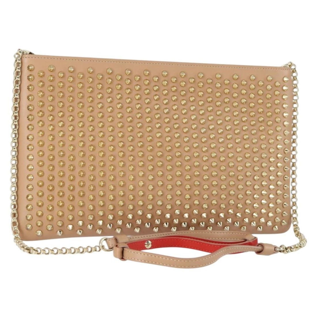 Leather Shoulder Bag in Beige and Gold by Christian Louboutin with Chain Strap: Leather Shoulder Bag in Beige and Gold by Christian Louboutin with Chain Strap This Christian Louboutin shoulder bag features a beige and gold leather exterior with a chain strap. The bag is crafted i
