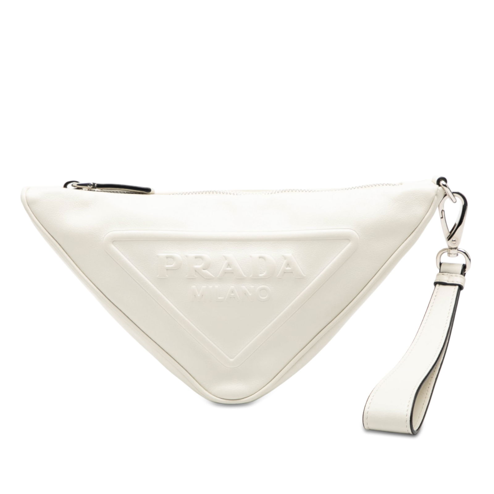 White Leather Prada Grace Lux Triangle Clutch Bag With Wrist Strap (1 of 7)
