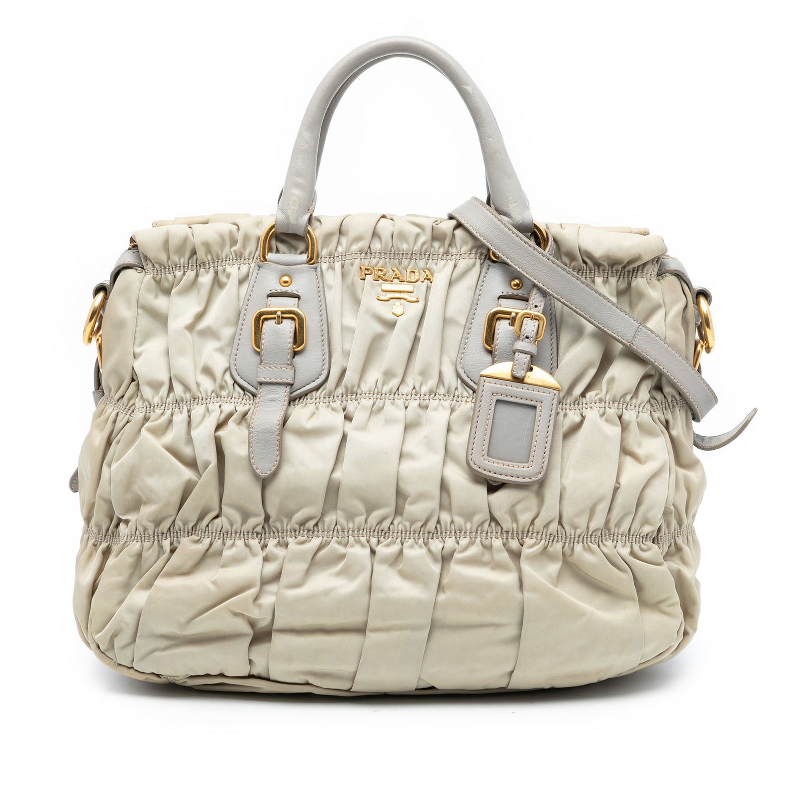 Prada Brown Tessuto Gaufre Gathered Nylon Satchel with Leather Handles (1 of 6)