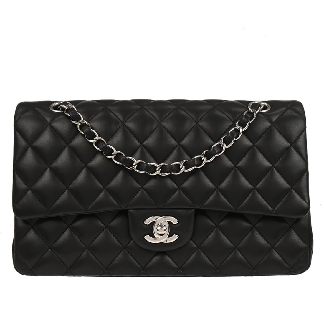 Medium Black Matelasse Leather Double Flap Shoulder Bag by Chanel: Medium Black Matelasse Leather Double Flap Shoulder Bag by Chanel This Chanel Medium Classic Double Flap Shoulder Bag is crafted from black lambskin leather with a matelasse pattern. Featuring a turnl