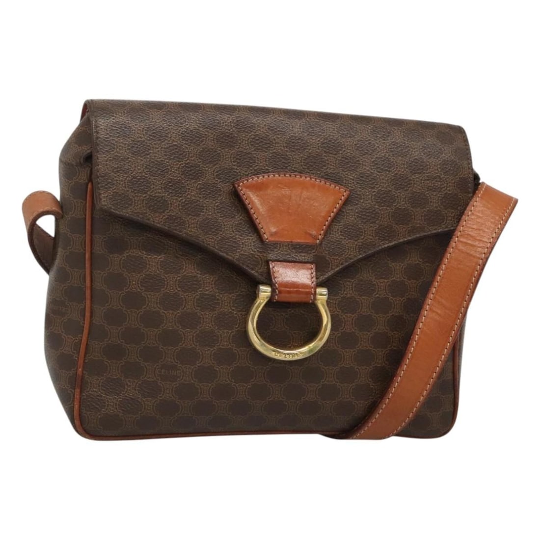 Vintage Macadam Canvas and Leather Shoulder Bag by Celine: Vintage Macadam Canvas and Leather Shoulder Bag by Celine This vintage Celine Macadam shoulder bag features a brown canvas body with leather accents. Designed for women, it offers a compact size ideal