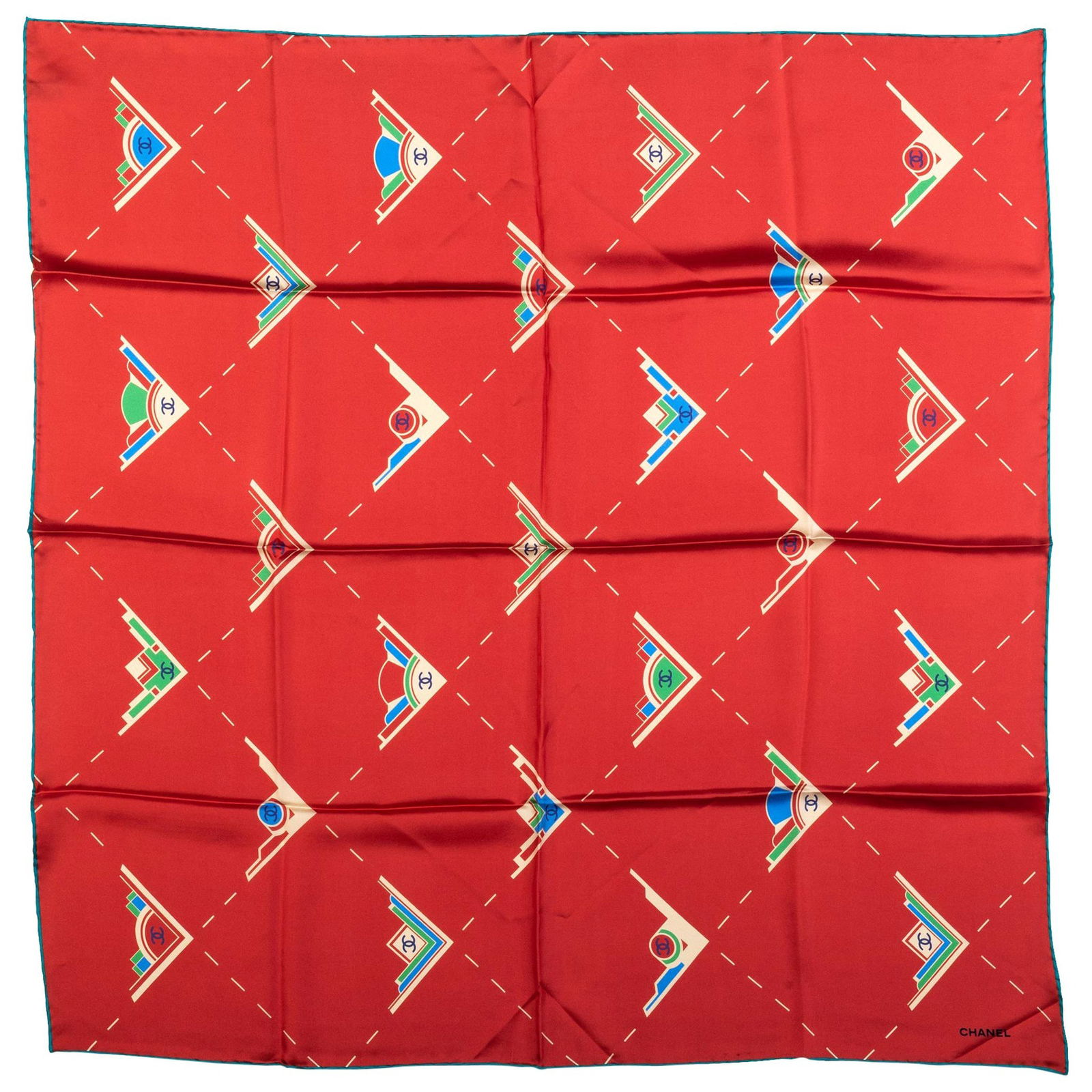 Chanel Geometric Logo Red Green Silk Scarf 35 in Italy: Chanel Geometric Logo Red Green Silk Scarf 35 in Italy Elevate your accessory collection with this exquisite Chanel geometric logo scarf. Crafted from 100% silk, this vibrant red scarf features a stri