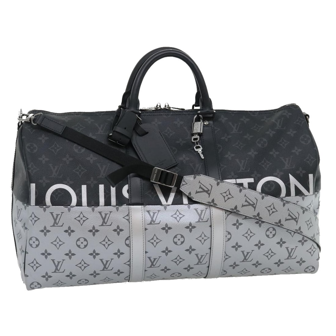 Split Keepall Bandouliere 50 Monogram Eclipse Canvas Travel Bag M43817 with Accessories: Split Keepall Bandouliere 50 Monogram Eclipse Canvas Travel Bag M43817 with Accessories This Louis Vuitton Eclipse Split Keepall Bandouliere 50 Boston Bag features the signature Monogram Eclipse canva