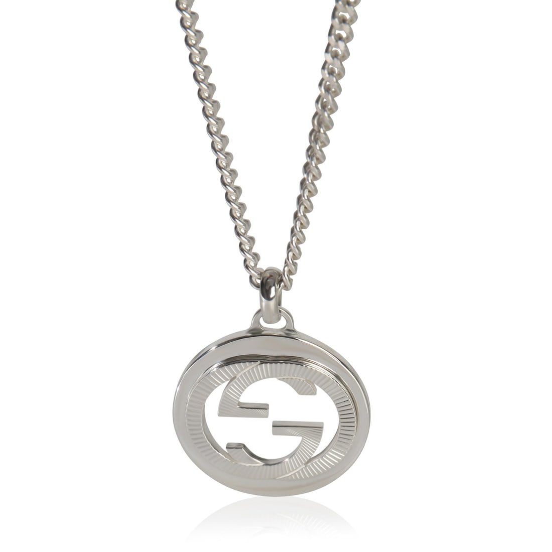 GG Groove Sterling Silver Pendant by Gucci with Box: GG Groove Sterling Silver Pendant by Gucci with Box This Gucci GG Groove pendant features a sleek, modern design crafted in sterling silver. The pendant comes with a 22-inch sterling silver chain and
