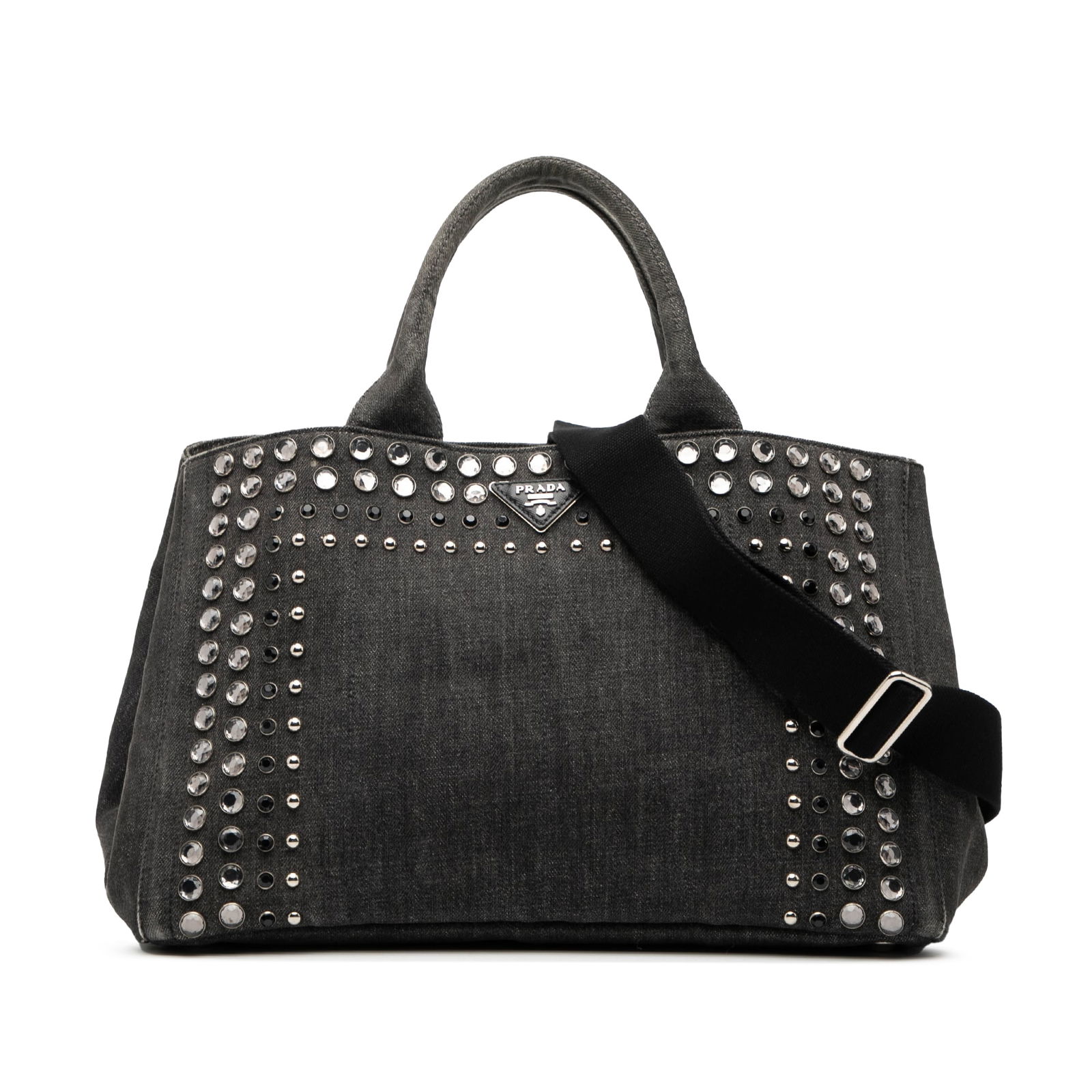 Prada Canapa Bijoux Denim Studded Satchel with Detachable Strap: Prada Canapa Bijoux Denim Studded Satchel with Detachable Strap This Prada Denim Canapa Bijoux Satchel showcases a studded denim exterior in black, complemented by rolled top handles and a detachable