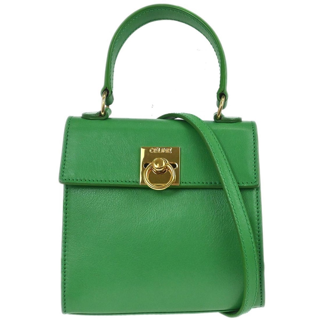 Green Leather Mini Top Handle Bag with Shoulder Strap by Celine: Green Leather Mini Top Handle Bag with Shoulder Strap by Celine This Celine mini handbag is crafted from green leather and features both a top handle and a shoulder strap for versatile carrying option