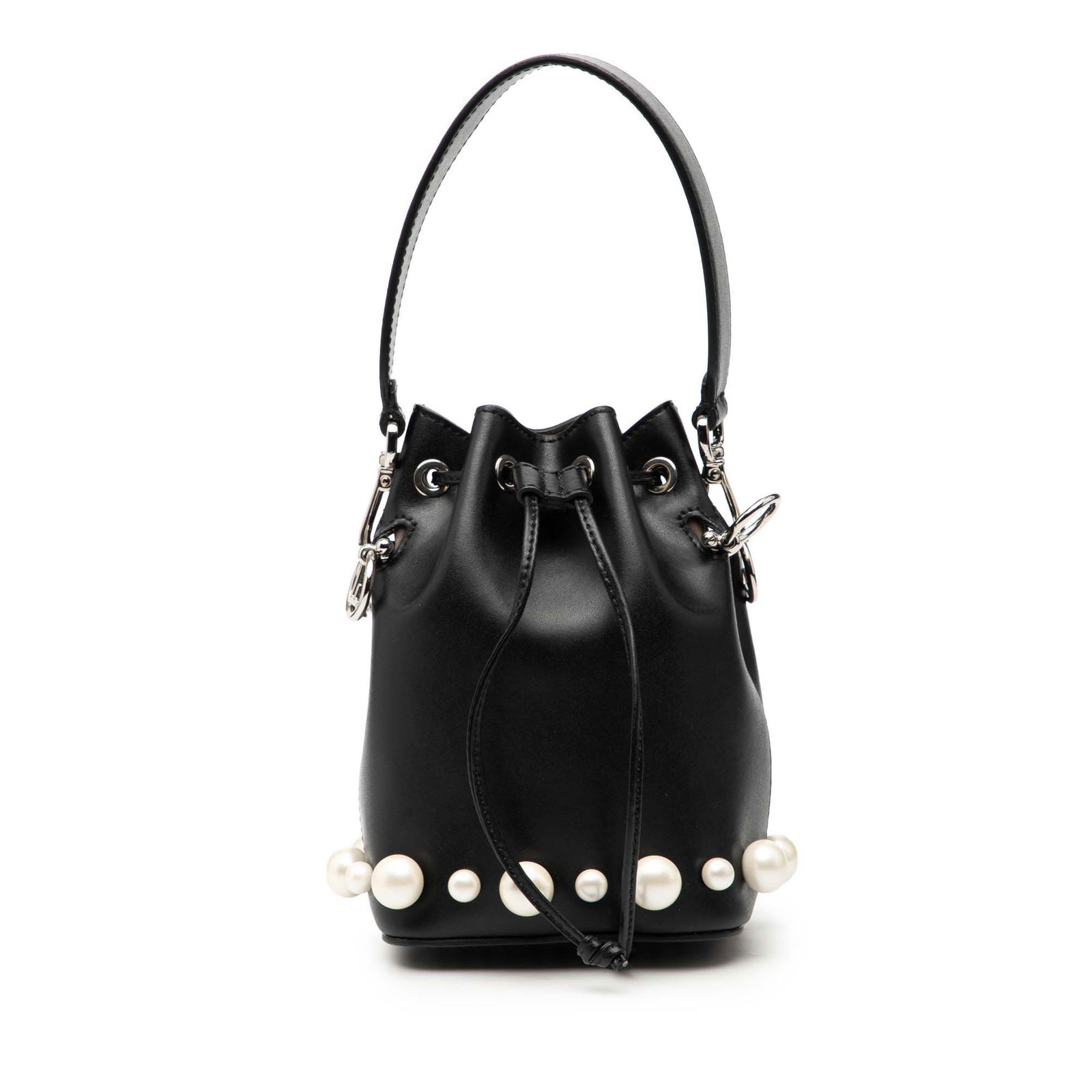 Fendi Mon Tresor Mini Black Leather Bucket Bag with Faux Pearl Embellishments: Fendi Mon Tresor Mini Black Leather Bucket Bag with Faux Pearl Embellishments This Fendi Mini Leather Pearl Mon Tresor Bucket Bag features a black leather body adorned with faux pearl embellishments.