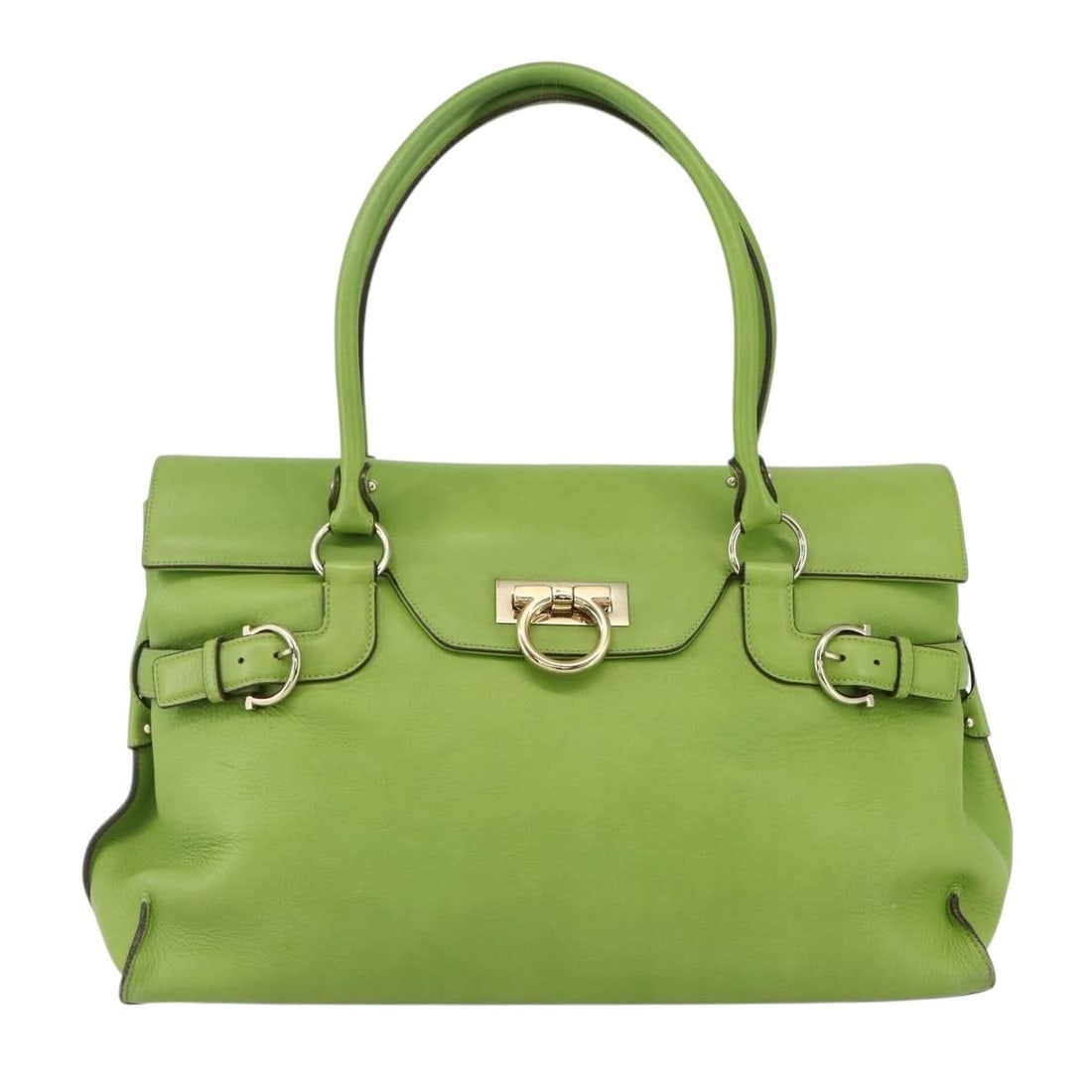 Green Leather Virna Satchel by Salvatore Ferragamo 37cm x 23cm x 10cm: Green Leather Virna Satchel by Salvatore Ferragamo 37cm x 23cm x 10cm This Salvatore Ferragamo Virna Satchel is crafted from leather in a green color, designed for female use. The bag features a clean