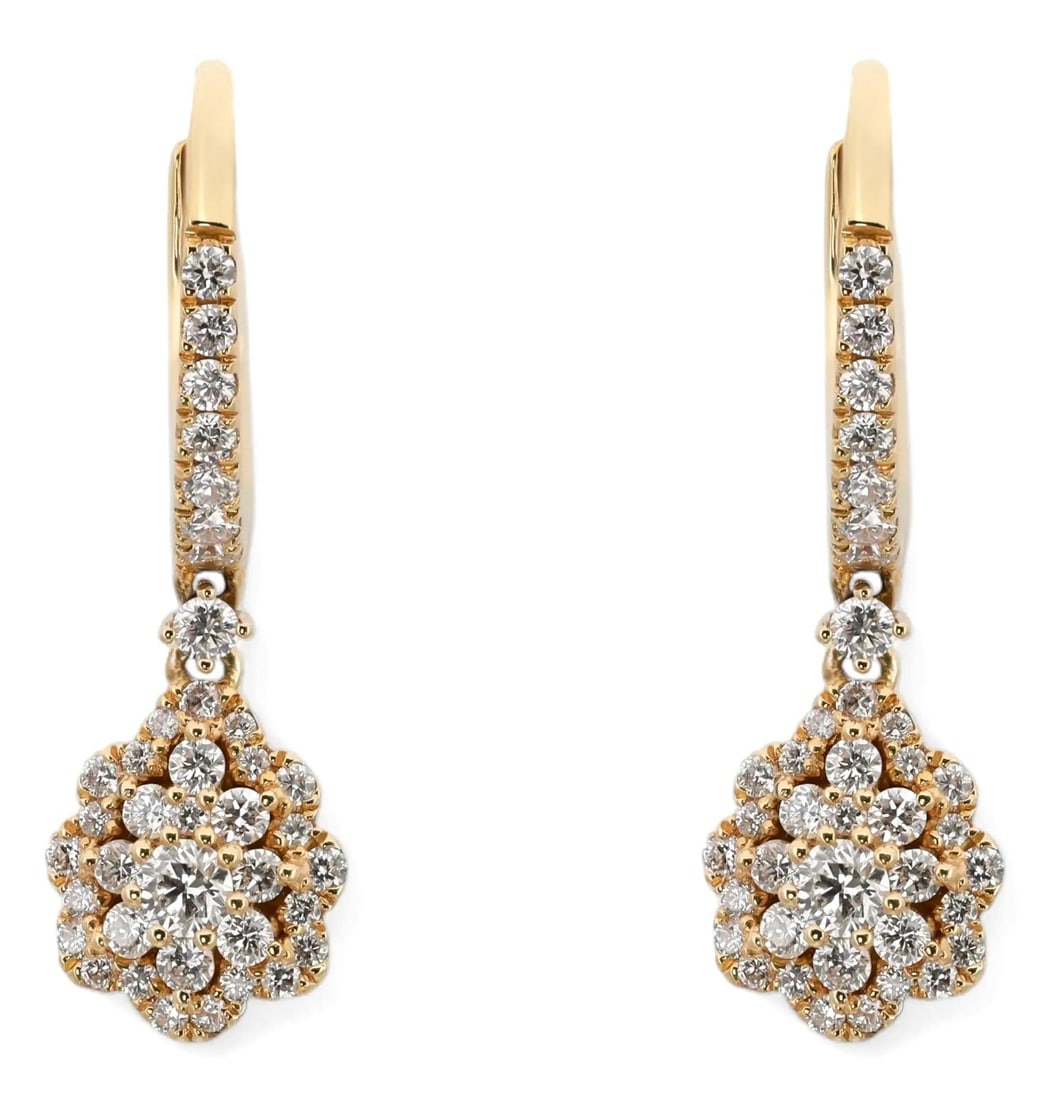 Piero Milano 18K Yellow Gold Diamond Flower Drop Earrings 0.79CTW: Piero Milano 18K Yellow Gold Diamond Flower Drop Earrings 0.79CTW These elegant Piero Milano drop earrings are crafted from luxurious 18k yellow gold, showcasing a delicate flower-shaped design. Each