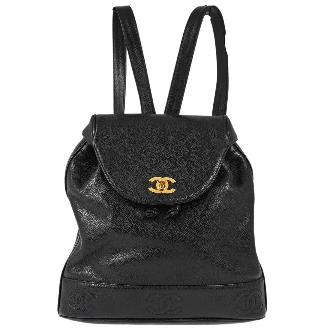 Chanel Black Caviar Leather Triple CC Drawstring Backpack: Chanel Black Caviar Leather Triple CC Drawstring Backpack This stylish Chanel backpack is crafted from luxurious black caviar skin leather, combining functionality with elegance. The medium-sized bag