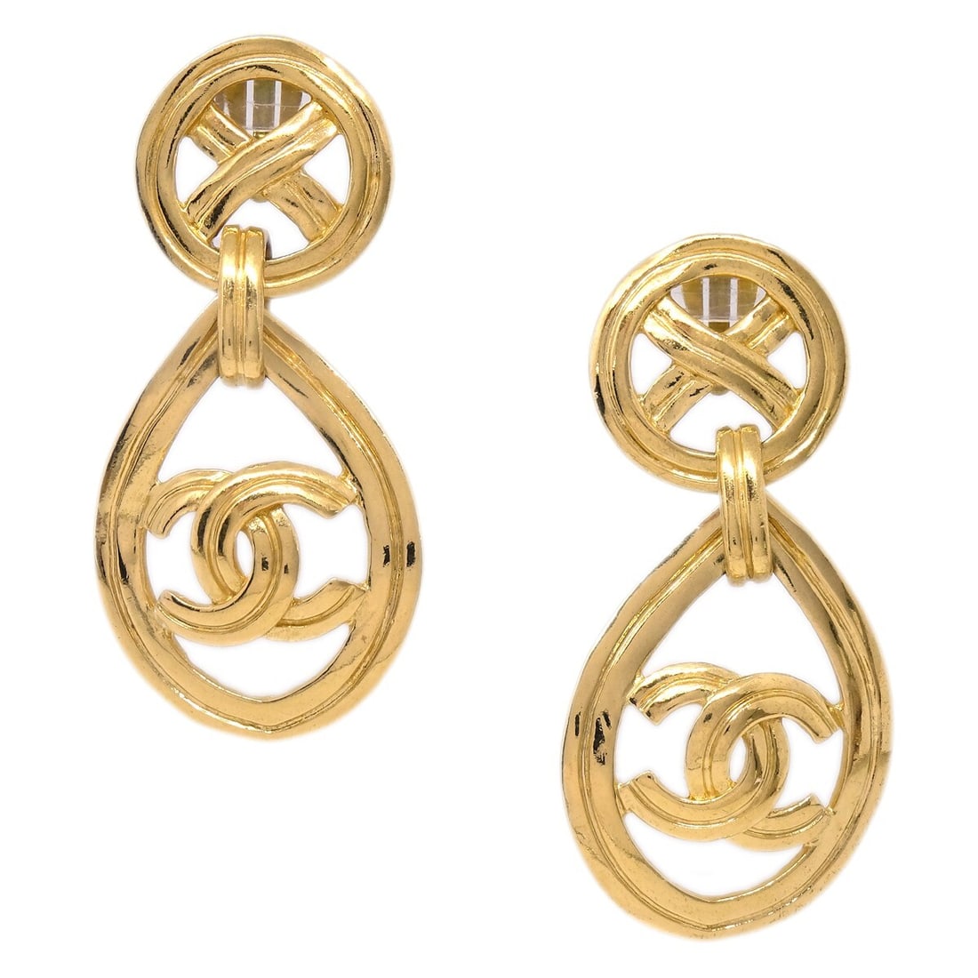 Chanel Gold Clip-On Dangle Hoop Earrings 96P: Chanel Gold Clip-On Dangle Hoop Earrings 96P Elevate your accessory collection with these stunning Chanel Dangle Hoop Earrings. Crafted in a luxurious gold tone, these clip-on earrings feature a styli