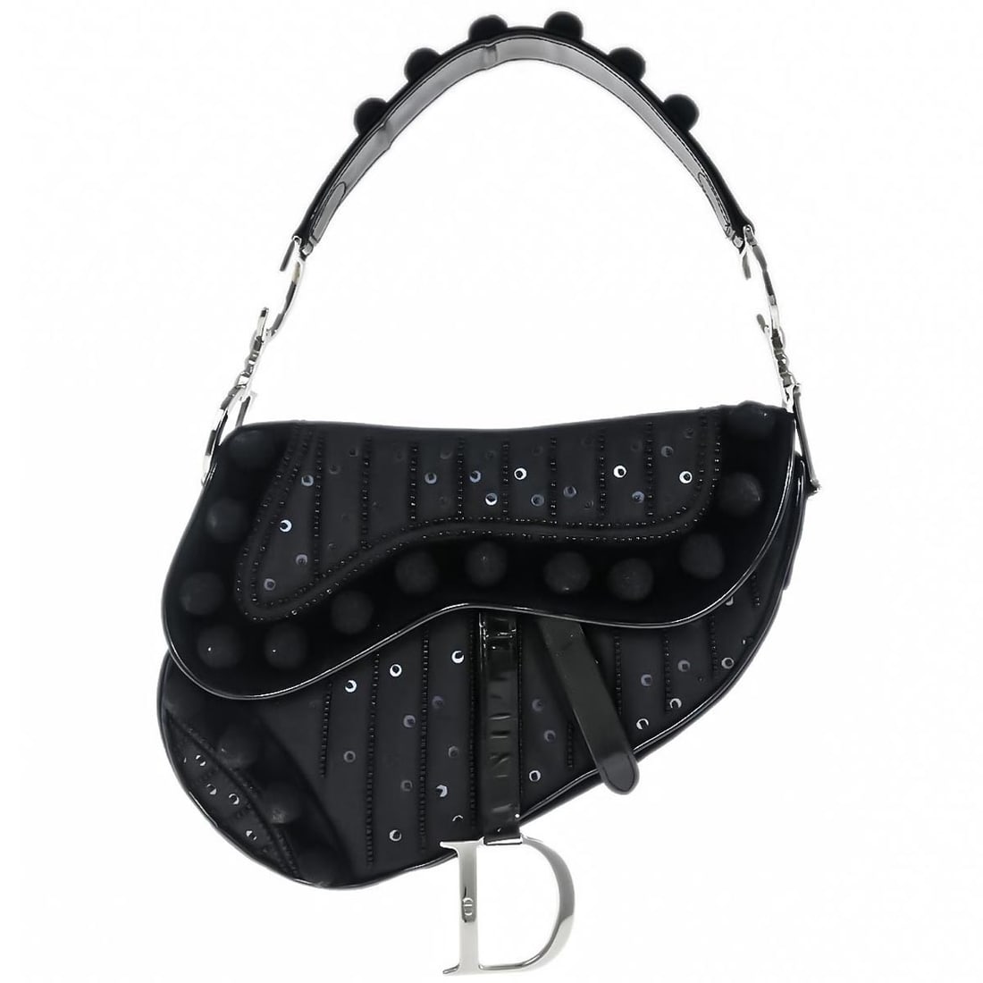 Dior Saddle Medium Black Velvet Beaded Shoulder Bag RE0062: Dior Saddle Medium Black Velvet Beaded Shoulder Bag RE0062 This Christian Dior Saddle handbag features a black nylon velvet and patent leather exterior, adorned with beaded detailing. The bag is mediu