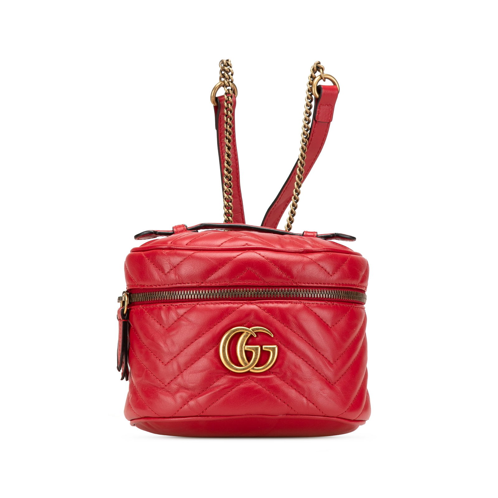 Gucci GG Marmont Red Quilted Leather Backpack with Chain Straps: Gucci GG Marmont Red Quilted Leather Backpack with Chain Straps Introducing the Gucci GG Marmont Round Matelasse Leather Backpack, a stylish accessory crafted in Italy. This chic backpack showcases a