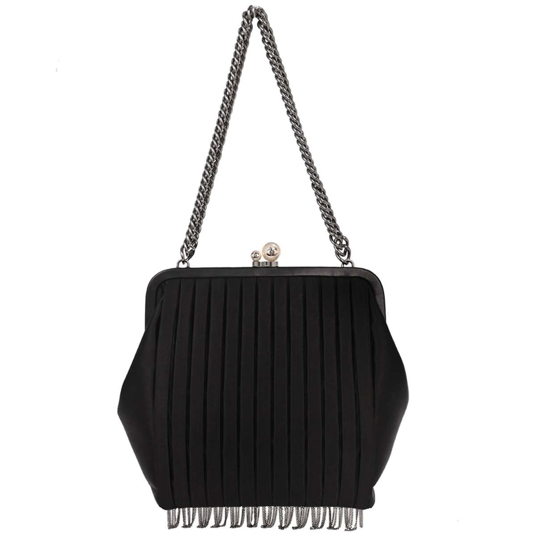 Chanel Black Satin Mademoiselle Top Handle Handbag Italy: Chanel Black Satin Mademoiselle Top Handle Handbag Italy This elegant Chanel Mademoiselle Chain Handbag is crafted from luxurious black satin, featuring a stylish top handle design. The medium-sized b