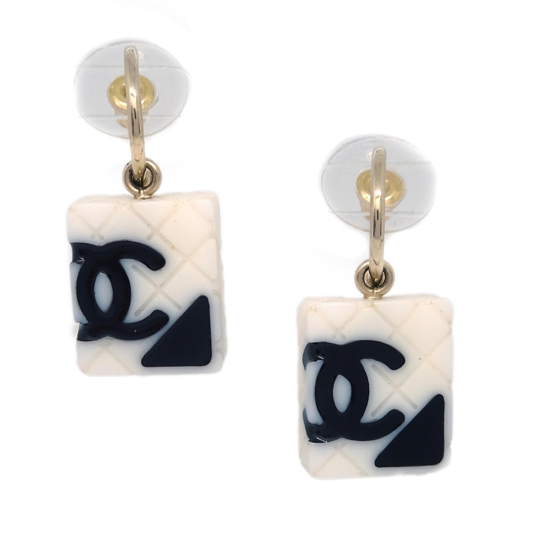Chanel Cambon Ligne Square Dangle Earrings Gold Plated White: Chanel Cambon Ligne Square Dangle Earrings Gold Plated White Elevate your accessory game with these stunning Chanel Cambon Ligne Dangle Piercing Earrings. Featuring a chic square shape, these earrings