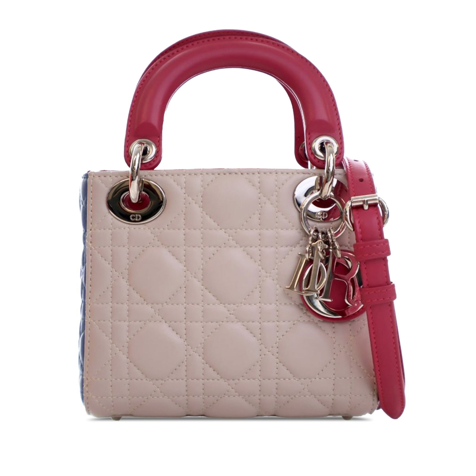 Dior Lady Dior Mini Cannage Tricolor Quilted Lambskin Shoulder Bag: Dior Lady Dior Mini Cannage Tricolor Quilted Lambskin Shoulder Bag This Mini Lady Dior bag is crafted from quilted tricolor lambskin leather and features flat leather top handles, a detachable flat le