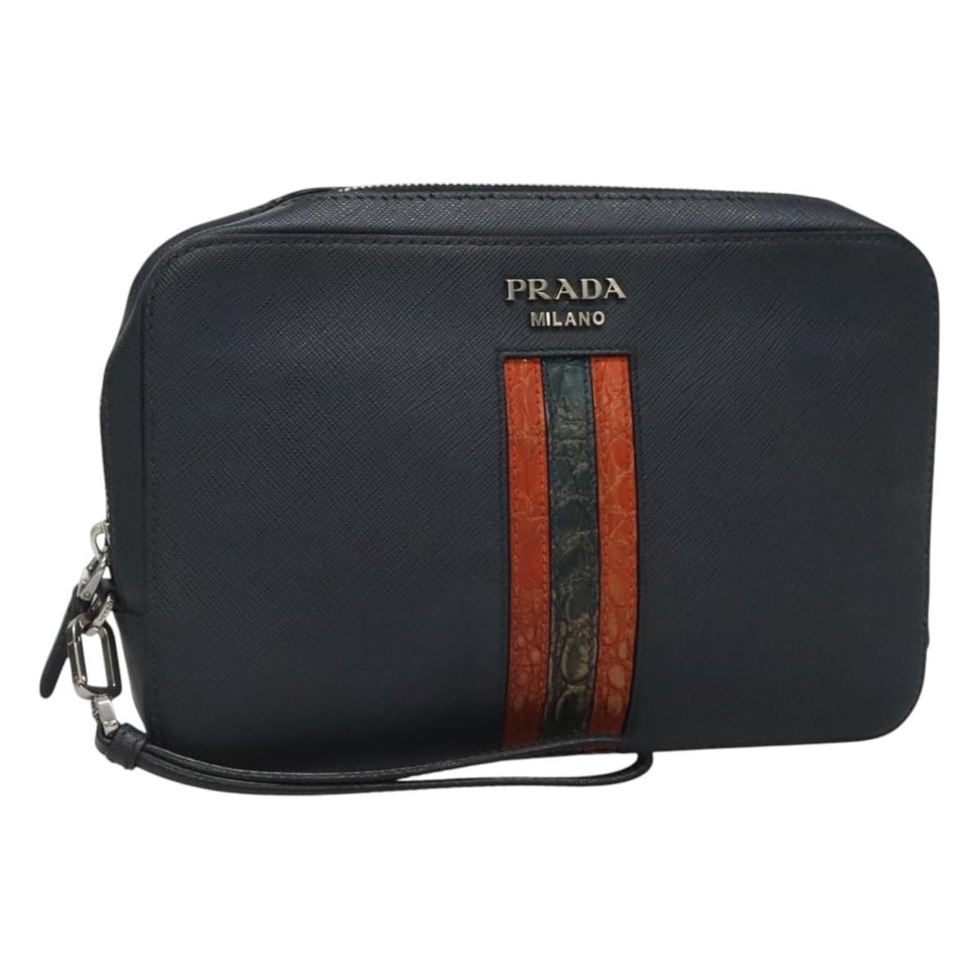 Prada Navy Leather Zip Pochette Handbag 24cm by 15cm by 4.5cm: Prada Navy Leather Zip Pochette Handbag 24cm by 15cm by 4.5cm This Prada Zip Pochette is crafted from navy saffiano leather, designed for women. It features a zip closure and a compact silhouette suit