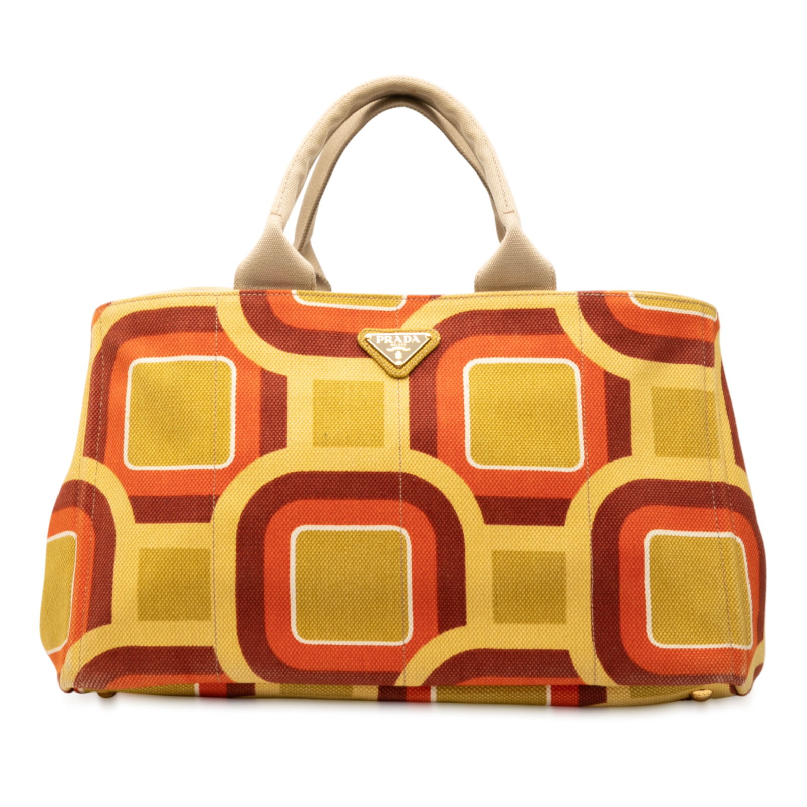 Prada Canapa Soho Yellow Printed Canvas Tote Bag with Interior Pockets: Prada Canapa Soho Yellow Printed Canvas Tote Bag with Interior Pockets This Prada Large Printed Canvas Canapa Soho Satchel features a yellow printed canvas exterior with rolled top handles. The open t