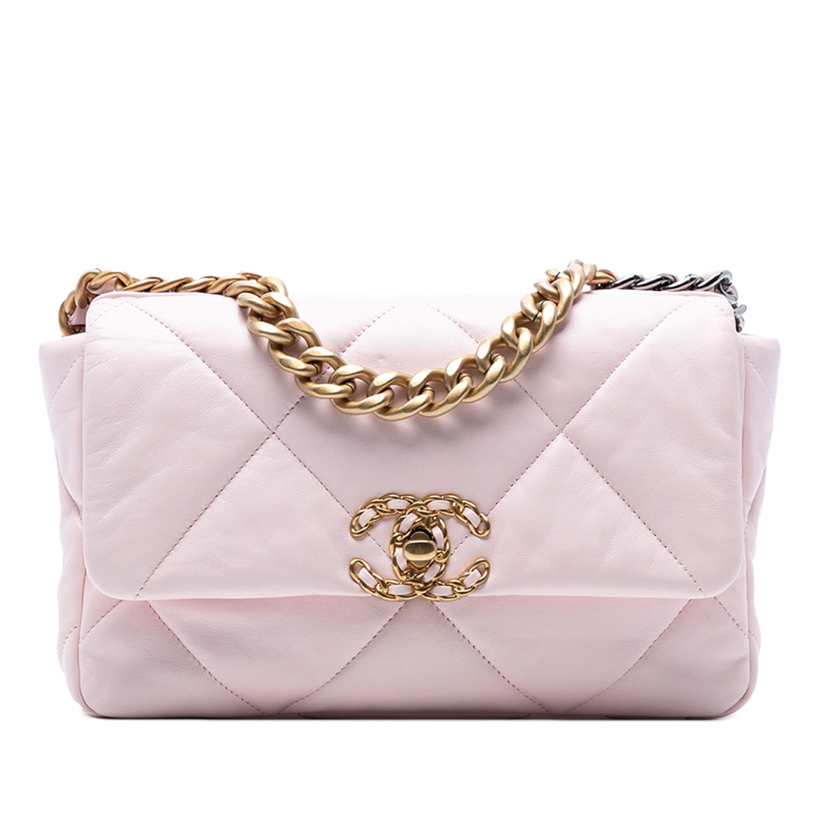Chanel Medium Lambskin 19 Flap Pink Bag Italy: Chanel Medium Lambskin 19 Flap Pink Bag Italy Introducing the Chanel Medium Lambskin 19 Flap Bag, a stunning accessory crafted from luxurious quilted lambskin leather. This elegant bag features a chai