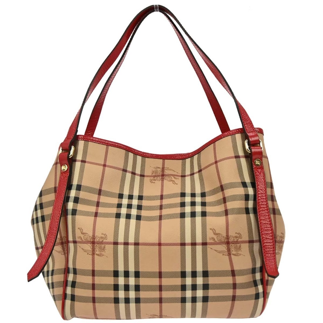 Large Burberry Patent Leather PVC Tote with Beige and Red Check Pattern: Large Burberry Patent Leather PVC Tote with Beige and Red Check Pattern This Burberry tote bag features a beige and red House Check design, crafted from PVC patent leather. The large tote has double h
