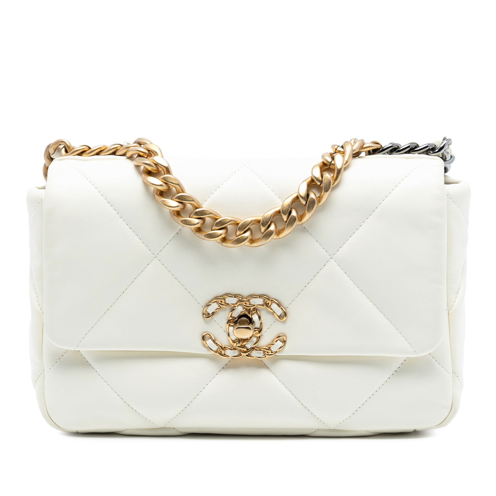 White Chanel 19 Medium Quilted Lambskin Flap Shoulder Bag Gold Chain Detail: White Chanel 19 Medium Quilted Lambskin Flap Shoulder Bag Gold Chain Detail This Chanel Medium Lambskin 19 Flap bag features a quilted lambskin leather exterior in white, complemented by a gold-tone c