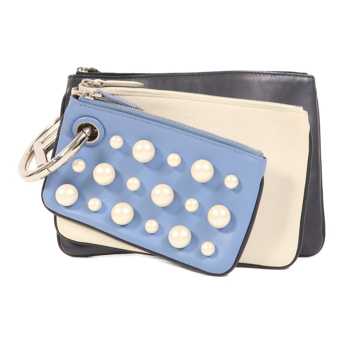 Triplette Clutch Pouch by Fendi in Calfskin Blue White Black: Triplette Clutch Pouch by Fendi in Calfskin Blue White Black This FENDI Triplette clutch bag is crafted from calfskin leather in a striking combination of blue, white, and black. The pouch features si