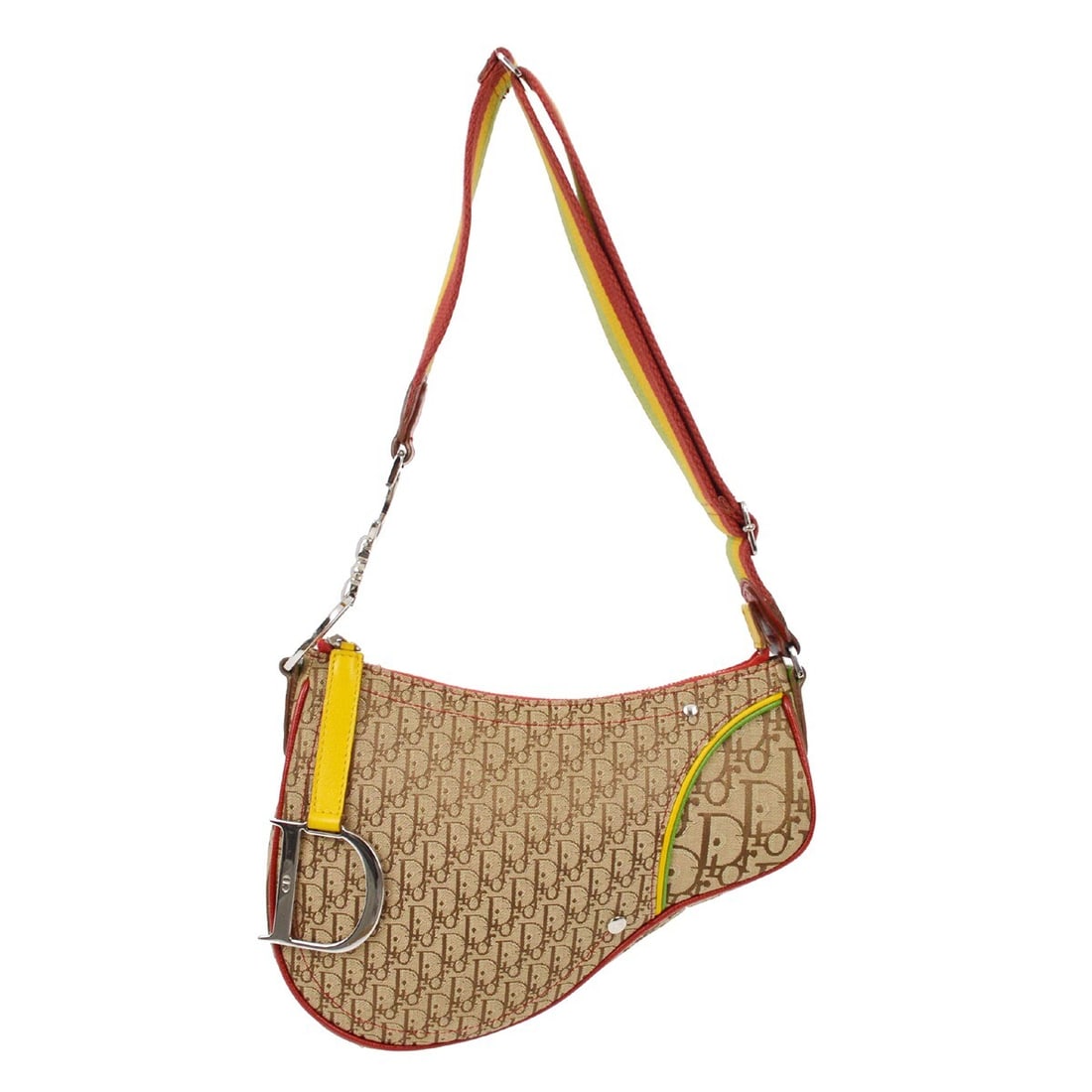 Dior Saddle Bag Canvas Leather Rasta Colors Medium Shoulder Style 02RU 1004: Dior Saddle Bag Canvas Leather Rasta Colors Medium Shoulder Style 02RU 1004 This Christian Dior Rasta-Color Trotter Saddle Shoulder Bag features a distinctive beige, red, yellow, and green color combi