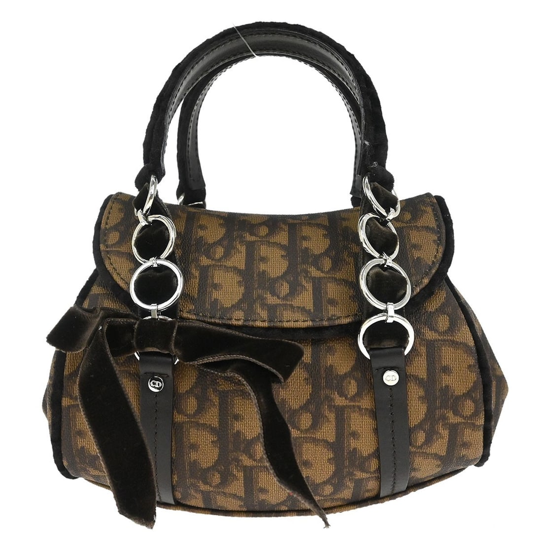 Dior Trotter Romantic Brown Small Top Handle Bag PVC Velvet Leather: Dior Trotter Romantic Brown Small Top Handle Bag PVC Velvet Leather This Christian Dior Brown PVC Trotter Romantic Handbag features the iconic Trotter pattern and logo accents. Designed for casual occ