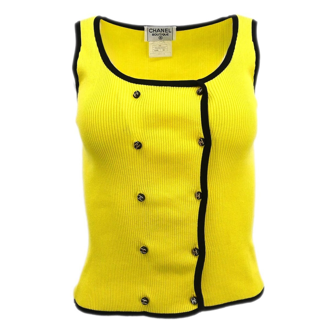 Chanel Yellow Sleeveless Cotton Top 95P Size 38: Chanel Yellow Sleeveless Cotton Top 95P Size 38 Elevate your casual wardrobe with this stylish Chanel sleeveless top in vibrant yellow. Featuring a round neckline and crafted from 100% cotton, this to