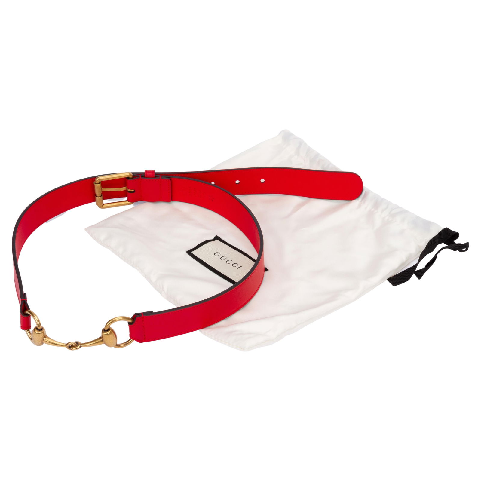 Gucci Red Leather Belt with Gold Horse-bit Detail: Gucci Red Leather Belt with Gold Horse-bit Detail This exquisite Gucci leather belt features a striking red color adorned with a signature horse-bit detail crafted from gold hardware. Measuring 1.25 i