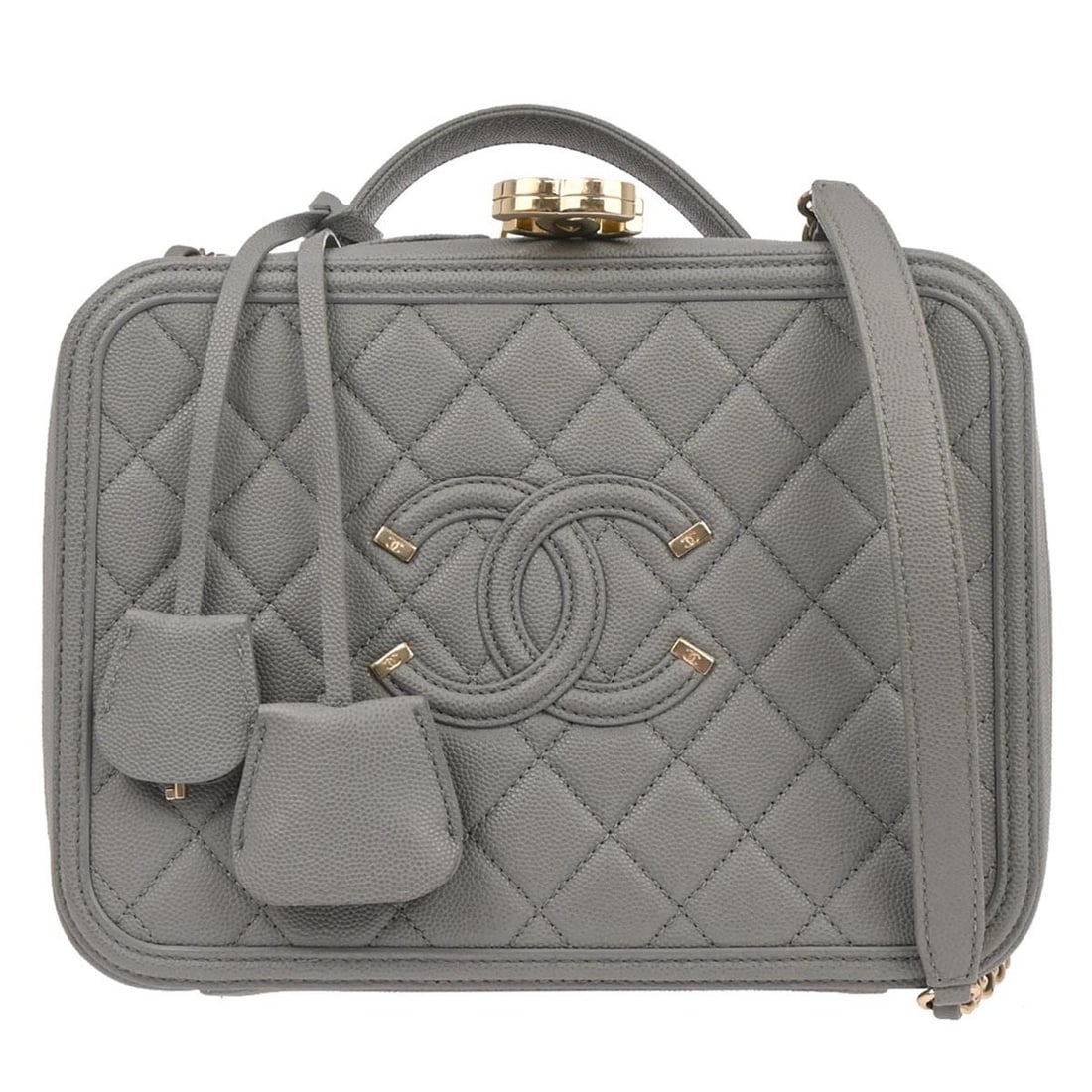 Chanel CC Filigree Gray Calfskin Leather Medium Vanity Top Handle Bag: Chanel CC Filigree Gray Calfskin Leather Medium Vanity Top Handle Bag This Chanel Gray Calfskin CC Filigree Vanity Handbag features a medium-sized silhouette crafted from high-quality leather. It is d