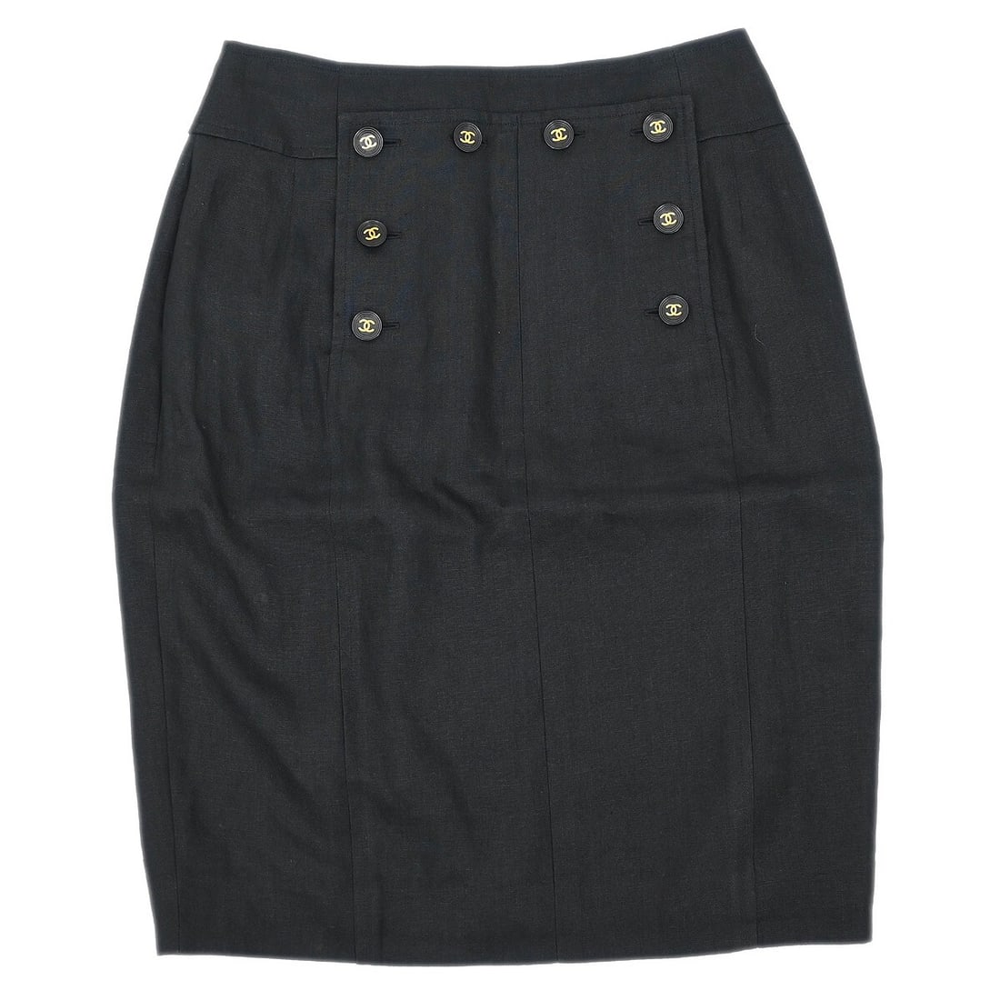 Chanel Black Linen Knee Length Skirt #42 with Logo: Chanel Black Linen Knee Length Skirt #42 with Logo Elevate your casual wardrobe with this chic Chanel skirt, crafted from 100% linen for a lightweight and breathable feel. The skirt features a conveni