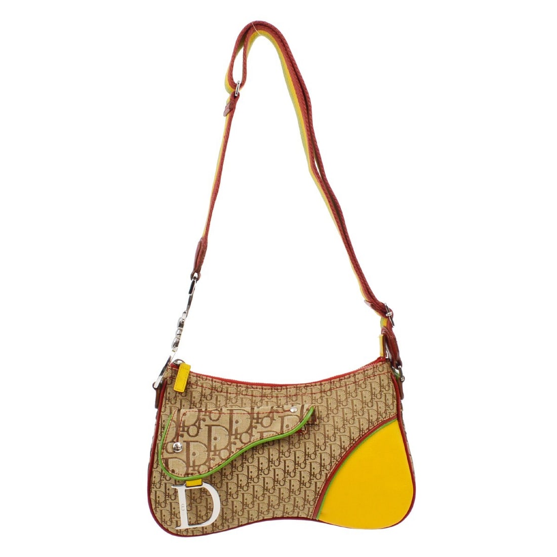 Dior Saddle Shoulder Bag Rasta Canvas and Leather Medium 08RU 0094: Dior Saddle Shoulder Bag Rasta Canvas and Leather Medium 08RU 0094 This Christian Dior Rasta-Color Trotter Saddle Shoulder Bag features a stylish combination of beige, red, yellow, and green in its ic
