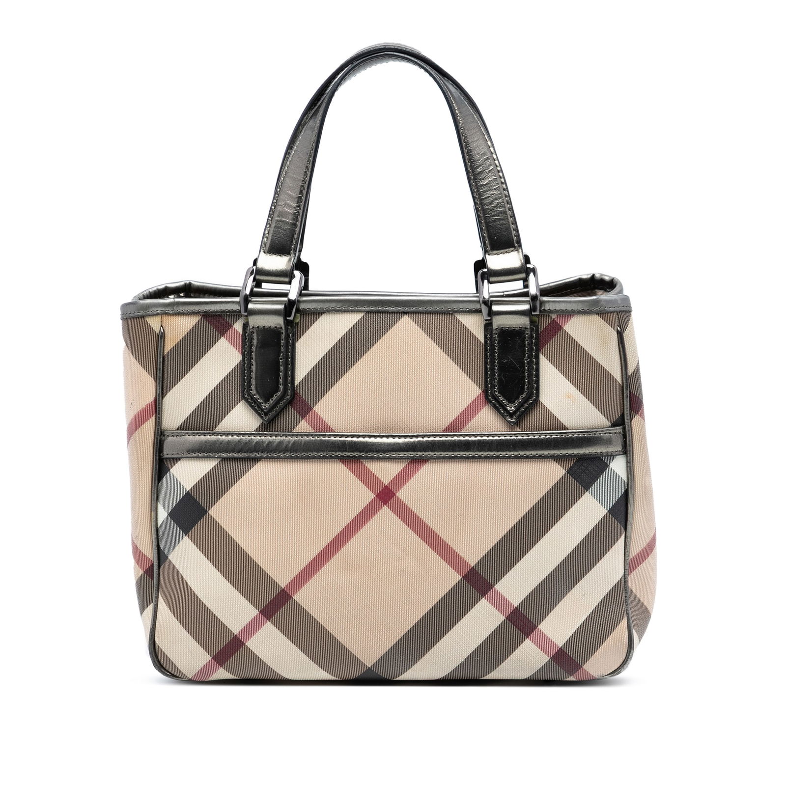 Burberry Tote Bag Supernova Check Canvas with Patent Leather Trim: Burberry Tote Bag Supernova Check Canvas with Patent Leather Trim This Burberry Supernova Check tote features a coated canvas body with patent leather trim and flat leather straps. The bag offers an o