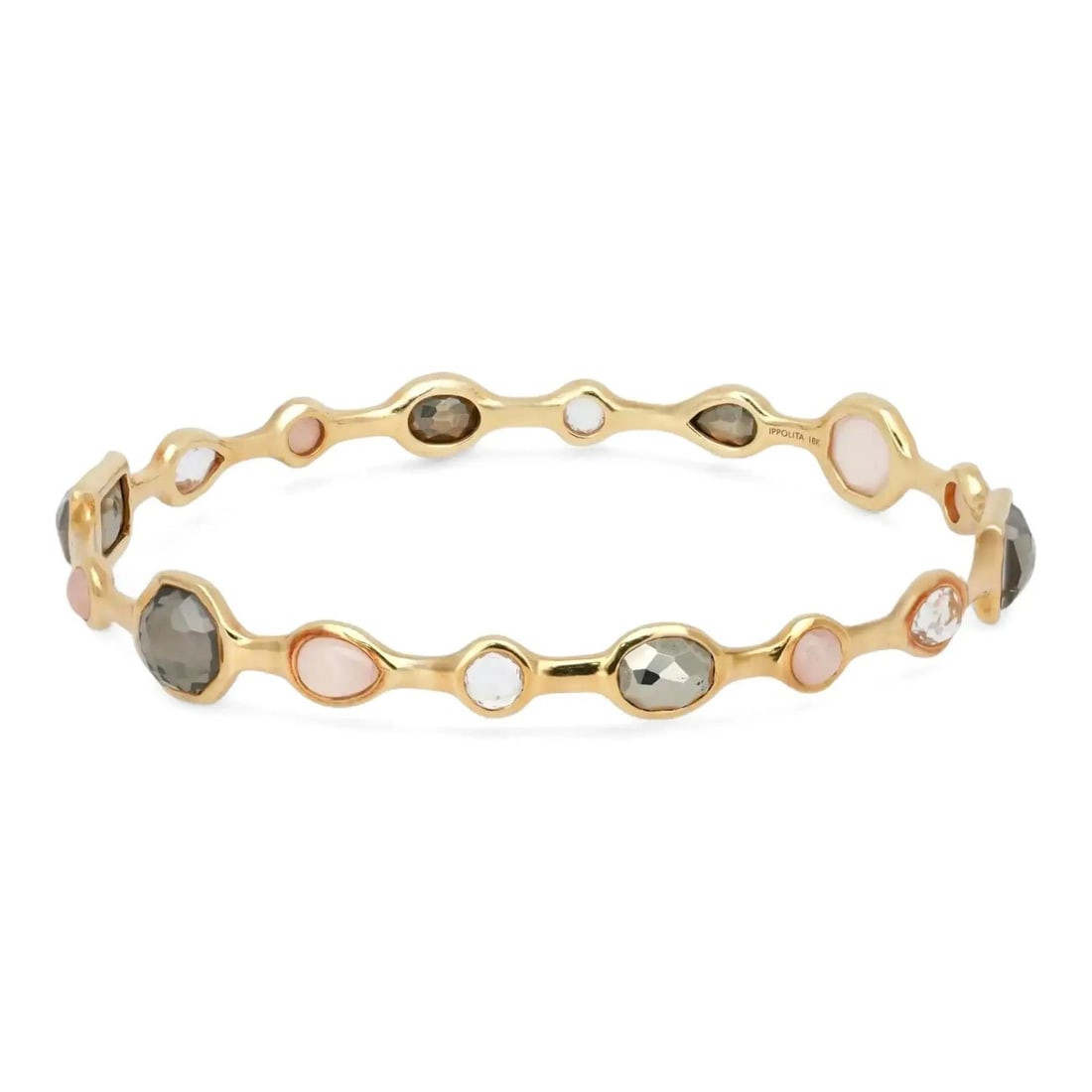 Ippolita Rock Candy 18k Yellow Gold Bangle with Mother of Pearl and Gemstones: Ippolita Rock Candy 18k Yellow Gold Bangle with Mother of Pearl and Gemstones This Ippolita Rock Candy bangle bracelet features an array of natural gemstones, including mother of pearl, smoky quartz,