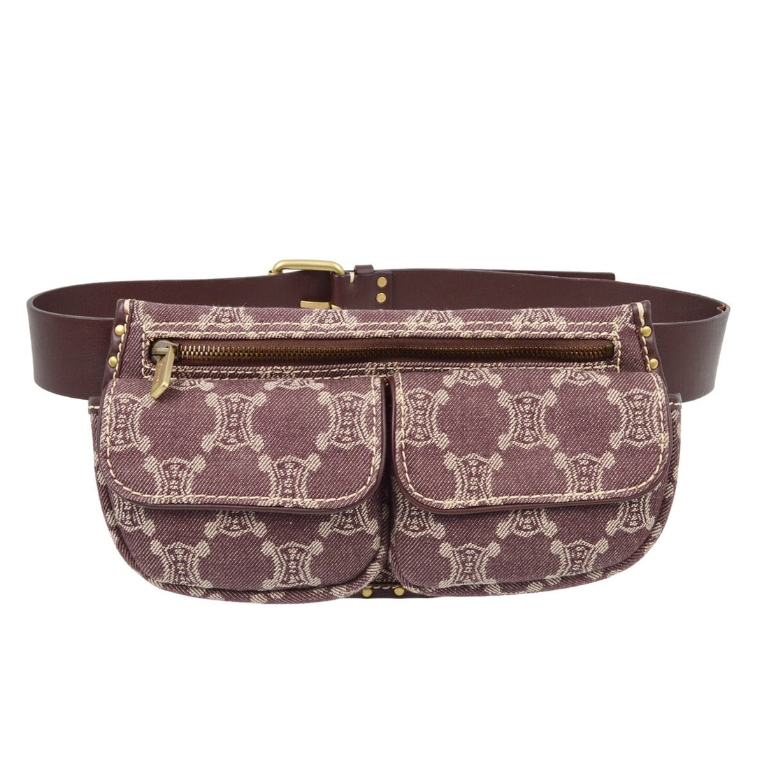 Celine Macadam Brown Denim Belted Bum Bag with Logo Accent: Celine Macadam Brown Denim Belted Bum Bag with Logo Accent This Celine Macadam belt bum bag features a brown denim exterior with the iconic Macadam pattern and a logo accent. Designed for casual occas