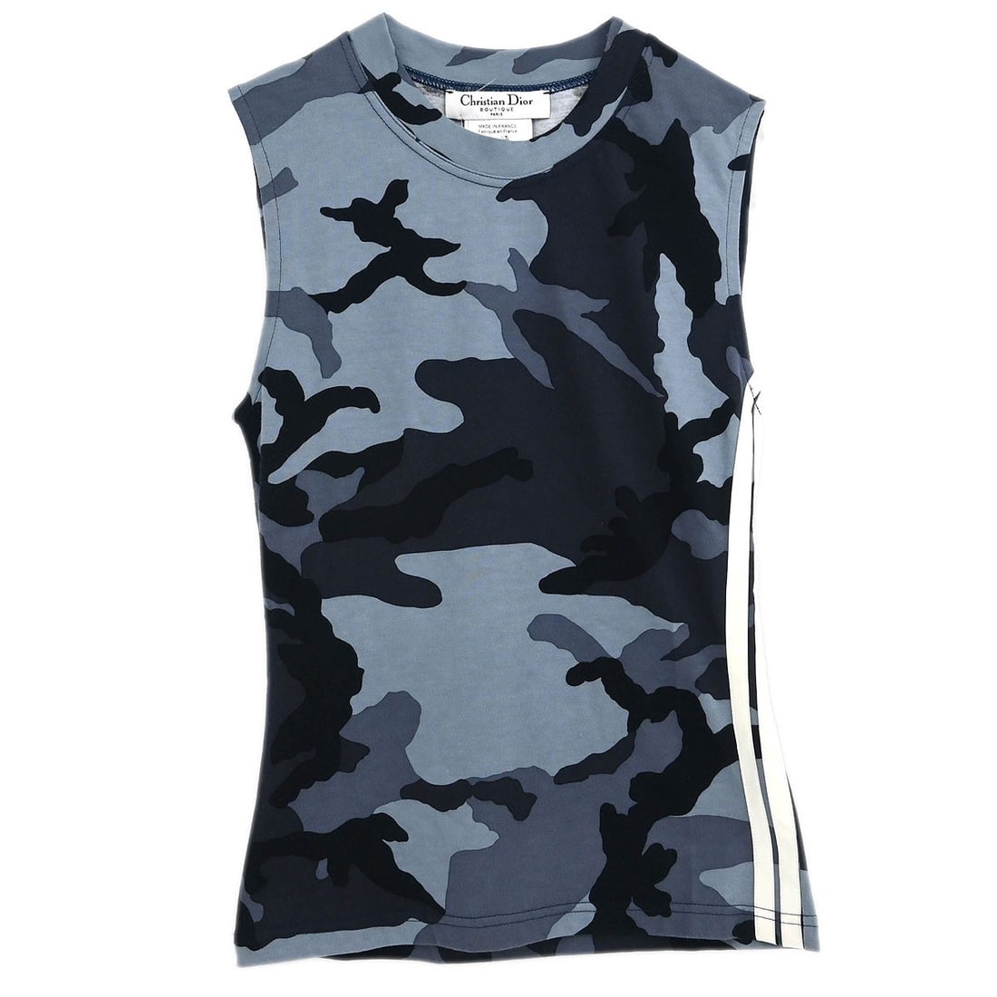 Dior Camouflage Gray Cotton Tank Top Size 36 Sleeveless Logo Accent: Dior Camouflage Gray Cotton Tank Top Size 36 Sleeveless Logo Accent This Christian Dior sleeveless tank top features a camouflage pattern in gray, crafted from 100% cotton. Designed with a round neckl